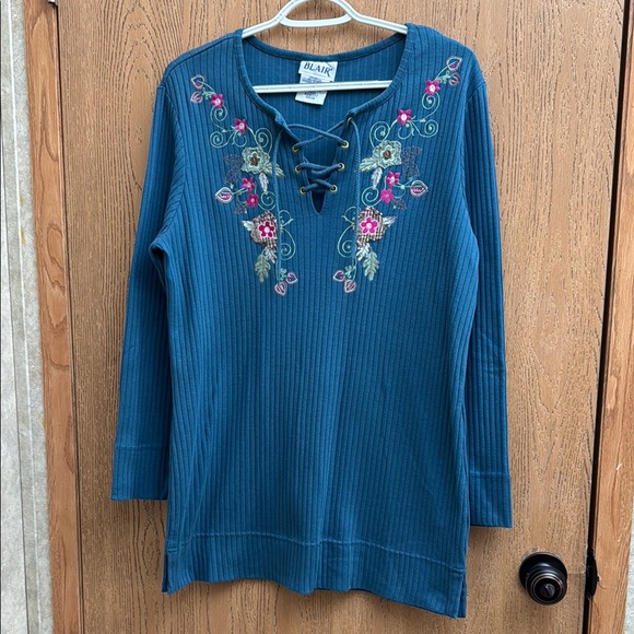 BLAIR Blue Embroidered Lace-Up Top, Size Medium - Picture 1 of 6